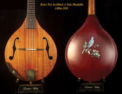 Handmade Hawaiian Koa, Purple Heart ArchBack A Style Mandolin, Dove Inlay, Soft-bag AMlin-2028 