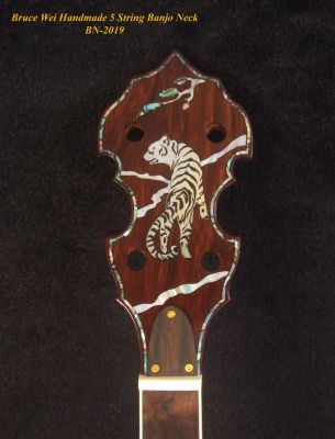Handcrafted 5 String Banjo Neck, Solid Mahogany TIGER Inlay, Heel Carved, Bruce Wei BN-2019