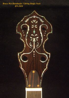 Handcrafted 5 String Banjo Neck, Solid Walnut & Mahogany DRAGON Inlay, Heel Carved, Bruce Wei BN-2020