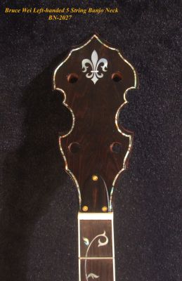 Handmade Left-Handed 5 String Banjo Neck, Solid Mahogany MOP Vine Inlay, Heel Carved, Bruce Wei BN-2027 