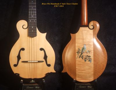 Handmade F Style Tenor Ukulele, ArchBack, Spruce & Curly Maple, Dove Inlay, Bruce Wei FM17-2034 