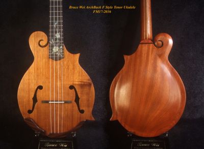 Handmade F Style Tenor Ukulele, ArchBack, Hawaiian Koa & Mahogany, Floral Inlay, Soft-bag, Bruce Wei FM17-2036 
