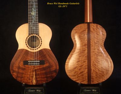 ArchBack Spruce, Curly Hawaiian Koa, Quilted Maple Guitarlele, Abalone Inlay, Soft-bag GL-2071