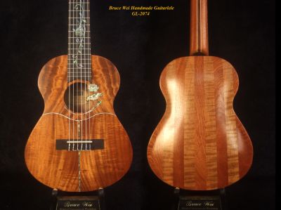 Handcrafted Guitarlele, ArchBack, Solid Hawaiian Koa, Curly Maple, Slotted Head, Abalone Lotus Inlay, Soft-bag, Bruce Wei GL-2074