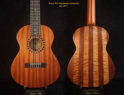 Handcrafted Guitarlele, Solid Mahogany & Curly Maplee, Slotted Head, MOP Inlay, Soft-bag, Bruce Wei GL-2075 