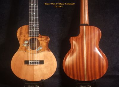 Handcrafted Guitarlele, ArchBack, Solid Spruce & Mahogany, Slotted Head, Lotus Dragonfly Inlay, Soft-bag, Bruce Wei GL-2077 