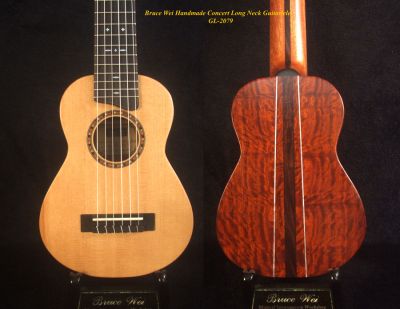Handmade Concert Long Neck Guitarlele, Solid Spruce, Curly Rosewood, MOP Inlay, Soft-bag, Bruce Wei GL-2079