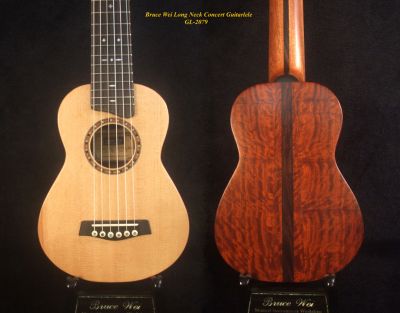 Handcrafted Long Neck Concert Guitarlele, Solid Spruce, Curly Padauk, Slotted Head, MOP Inlay, Soft-bag, Bruce Wei GL-2079