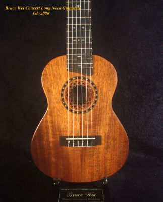 Handmade Concert Long Neck Guitarlele, Solid Hawaiian Koa, Slotted Head, Soft-bag, Bruce Wei GL-2080