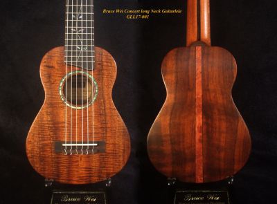 Handmade Concert Long Neck Guitarlele, Solid Curly Hawaiian Koa, MOP Vine Inlay, Slotted Head, Soft-bag, Bruce Wei GLL17-001 