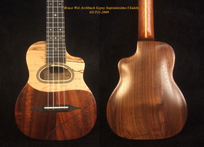 Bruce Wei Handmade Hawaiian Koa, Walnut Gypsy Sopranissimo/ Pocket Ukulele, Top engraving, GUT11-2009 