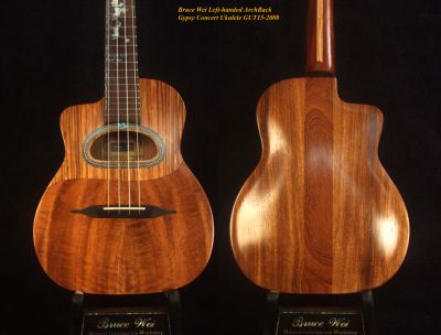 Bruce Wei Left-handed ArchBack Acacia, Hawaiian Koa Gypsy Concert Ukulele, COWBOY Inlay GUT15-2008 