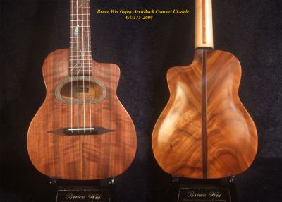 Handmade Gypsy Concert Ukulele, ArchBack Curly Wanut, Acacia MOP & Abalone Inlay, Soft-bag, Bruce Wei GUT15-2009 