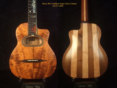 Bruce Wei Handmade Solid Curly Hawaiian Koa, Walnut, Maple Archback Gypsy Tenor Ukulele, CowBoy Inlay, GUT17-2030