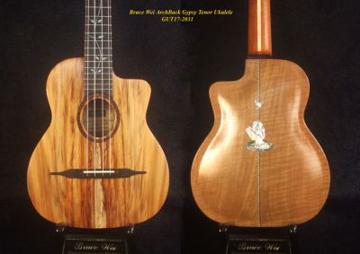 Handcrafted Gypsy Tenor Ukulele Solid Taiwania, Curly Maple Archback, Angel, Vine Inlay, Soft-bag, Bruce Wei GUT17-2031 