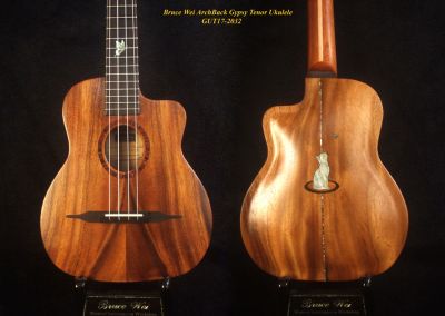 Handcrafted Gypsy Tenor Ukulele Solid Acacia Archback, Cat & Butterfly Inlay, Soft-bag, Bruce Wei GUT17-2032