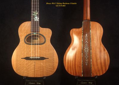 Handcrafted Gypsy Baritone Ukulele, ArchBack, 5 String, Solid Curly Ash, Mahogany & Walnut, Maple Leaf Inlay, Bruce Wei GUT19-001 