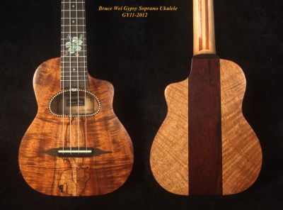 Bruce Wei Handmade Hawaiian Koa, Curly Mango Gypsy Sopranissimo/ Pocket Ukulele, Hibiscus Inlay GY11-2012