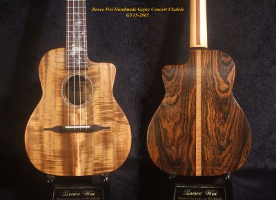 Handcrafted Gypsy Concert Ukulele, Solid Curly Acacia, Bocote, Floral Inlay, Soft-bag, Bruce Wei GY15-2005