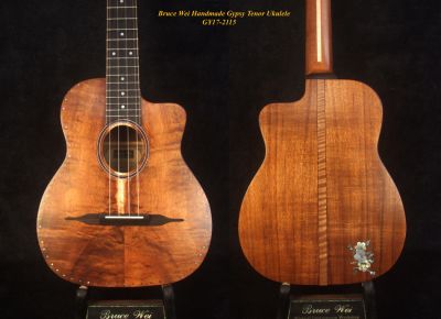 Bruce Wei Handmade Solid Hawaiian Koa Gypsy Tenor Ukulele, Zero fret, Floral inlay, Soft-bag GY17-2115 