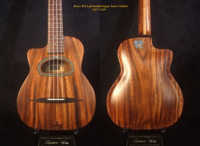 Handcrafted Left-hand Gypsy Tenor Ukulele Solid Acacia, Archback, Abalone Inlay, Bruce Wei GY17-2119 