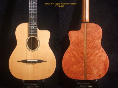 Handmade Gypsy Baritone Ukulele, Solid Spruce & Rosewood Vine Inlay, Soft-bag, Bruce Wei GY19-001 