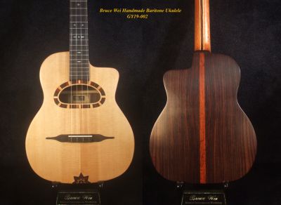 Handmade Gypsy Baritone Ukulele, Solid Spruce & Indian Rosewood, Slotted Head, Bruce Wei GY19-002 