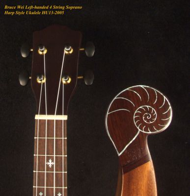 Bruce Wei Harp Style Left-handed Solid Acacia 4 String Soprano Ukulele, MOP Inlay HU13-2005
