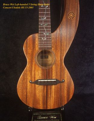 Handcrafted LEFT-HAND 5 String Harp Style Concert Ukulele, Solid Acacia, Low G, Bruce Wei HU15-2001