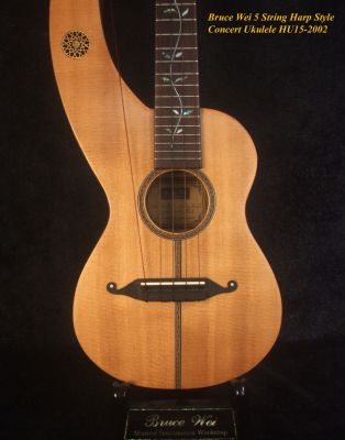 Handcrafted 5 String Harp Style Concert Ukulele, Solid Spruce, Mahogany, MOP Vine Inlay, Bruce Wei HU15-2002 