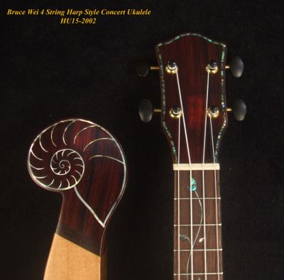 Bruce Wei Solid Spruce, Mahogany 4 String Harp Style Concert Ukulele, MOP Vine Inlay HU15-2002