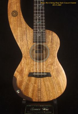 Bruce Wei Solid Mango 4 String Harp Style Concert Ukulele, MOP Vine Inlay HU15-2003