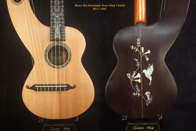 Handcrafted Tenor Harp Ukulele, Worth Collection - Bruce Wei HU17-2062 solid Spruce, Indian Rosewood, HummingBird Inlay, Hard Case,