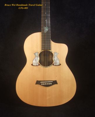 Handmade Cutaway Travel Guitar Solid Spruce, Indian Rosewood, Cat Inlay, Soft-bag Bruce Wei LTG-001