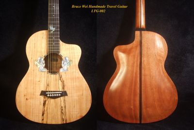 Handmade ArchBack Travel Guitar Solid Spalted Maple, Mahogany, Cutaway, Angel Inlay, Bruce Wei LTG-002 