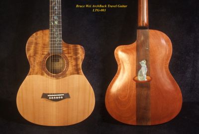 Handmade ArchBack Travel Guitar Solid Spruce, Mahogany, Cutaway, Cat, Vine Inlay, Soft-bag Bruce Wei LTG-003 
