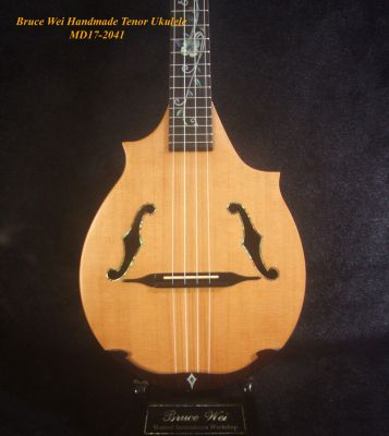 Handmade Tenor Ukulele, Solid Spruce, Walnut Floral inlay, Soft-bag, Bruce Wei MD17-2041 