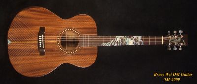 Bruce Wei Solid Acacia OM Acoustic Guitar, Engraved Top OM-2009