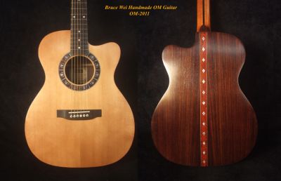 Handmade OM Cutaway Acoustic Guitar, Solid Indian Rosewood, Mop Inlay, Soft-Bag, Bruce Wei (2011)