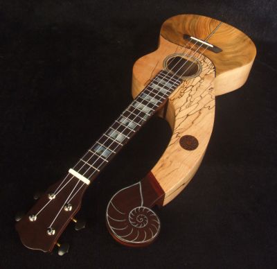 Handmade Spalted Curly Maple, Taiwania 4S Harp Style Concert Ukulele, MOP Inlay HU15-2004