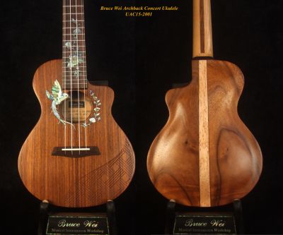 Bruce Wei Handmade Carved ArchBack Solid Acacia Concert Ukulele, Bird & Flower inlay, Soft-bag UAC15-2001 