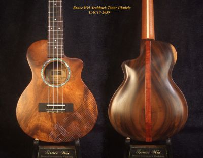 Handmade Solid Acacia Tenor Ukulele, Carved Archback, Engraved Top, Cutaway, Bruce Wei UAC17-2039 