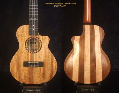 Carved ARCHBACK Mango, Maple & Walnut Tenor Ukulele MOP Inlay, Soft-bag UAC17-2042 