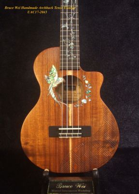Bruce Wei Carved ARCHBACK Hawaiian Koa, Acacia Tenor Ukulele Bird & Flower Inlay, Engraved Top, UAC17-2043
