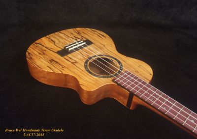 Handcrafted Tenor Ukulele, Carved ARCHBACK Solid Spalted Maple & Acacia MOP Inlay, Soft-bag, Bruce Wei UAC17-2044