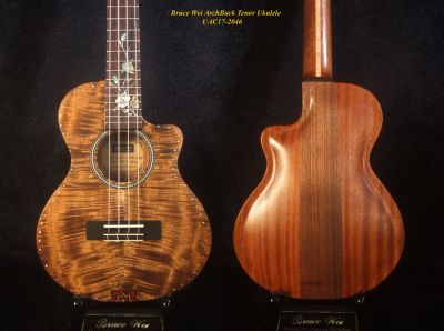 Handcrafted Tenor Ukulele, Carved ARCHBACK Solid Curly Acacia, Mahogany, Floral Inlay, Soft-bag, Bruce Wei UAC17-2046
