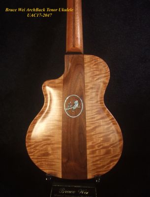 Handcrafted Tenor Ukulele, Carved ARCHBACK Solid Hawaiian Koa, Flame Maple, Bird Inlay, Bruce Wei UAC17-2047 