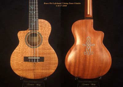 Left-handed 5 String Tenor Ukulele, Handmade Solid Pomele, Mahogany Archback, Vine Inlay, Soft-bag, Bruce Wei UAC17-2048 
