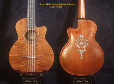 Handmade 8 String Baritone Ukulele, Solid Curly Maple, Mahogany Cutaway, Soft-bag, Bruce Wei UAC19-2003