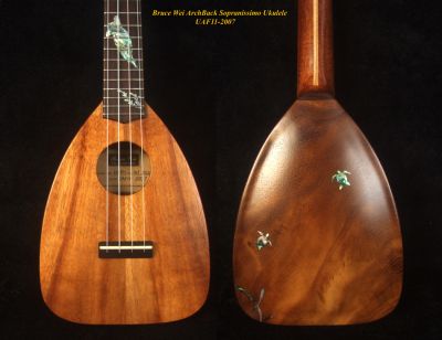 Bruce Wei Handmade Carved Archback Solid Hawaiian Koa, Acacia Sopranissimo/ Pocket Ukulele, Turtle Inlay, Soft-bag UAF11-2007 